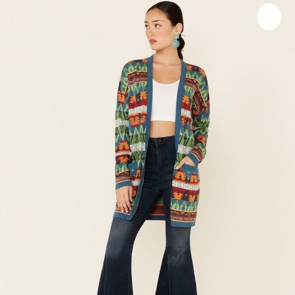 Tasha Polizzi Sweaters - Tasha Polizzi Southwestern Print Cadet Blue Adobe Open Front Cardigan Sweater
